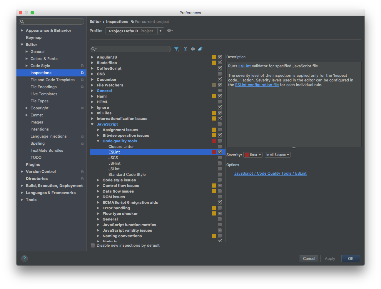 Enable PhpStorm ESLint Inspections